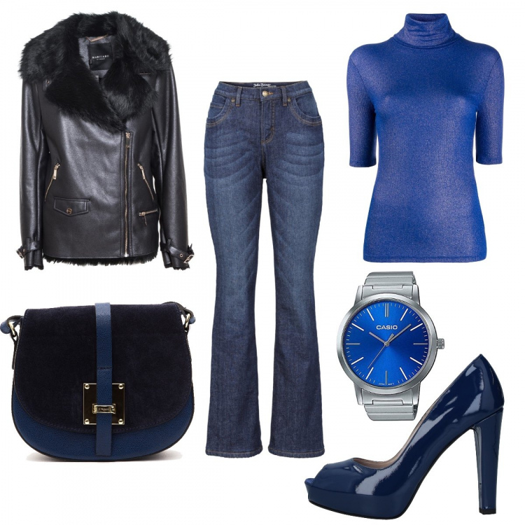 Outfit donna - Look da giorno. Stile Trendy per Ufficio. Abbinamento con jeans bootcut, décolleté, top collo alto a maniche lunghe, cappotti, borse, orologi analogici.