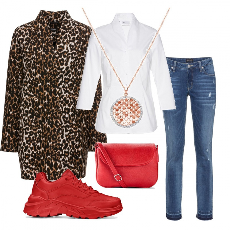 Outfit donna - Dynamic red. Stile Urban per Scuola/Università. Abbinamento con camicie, jeans skinny, sneakers, blazer, vestiti, pendente con strass girocollo.