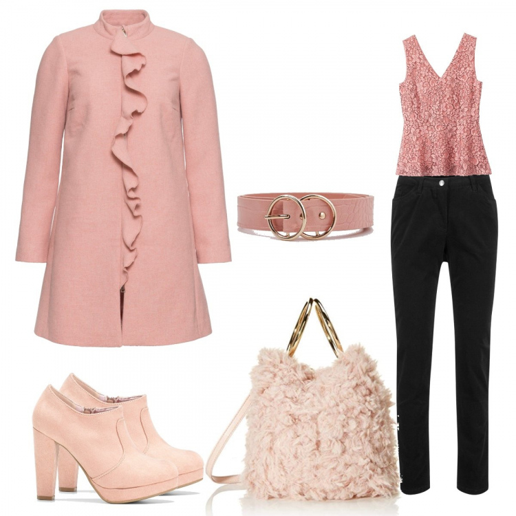 Outfit donna - Pantaloni basic per la cerimonia. Stile Bon Ton per Cerimonia. Abbinamento con pantaloni, pantaloni, tronchetti, cinture, cappotto fantasia floreale con scollo senza maniche rosa, borsa a spalla.
