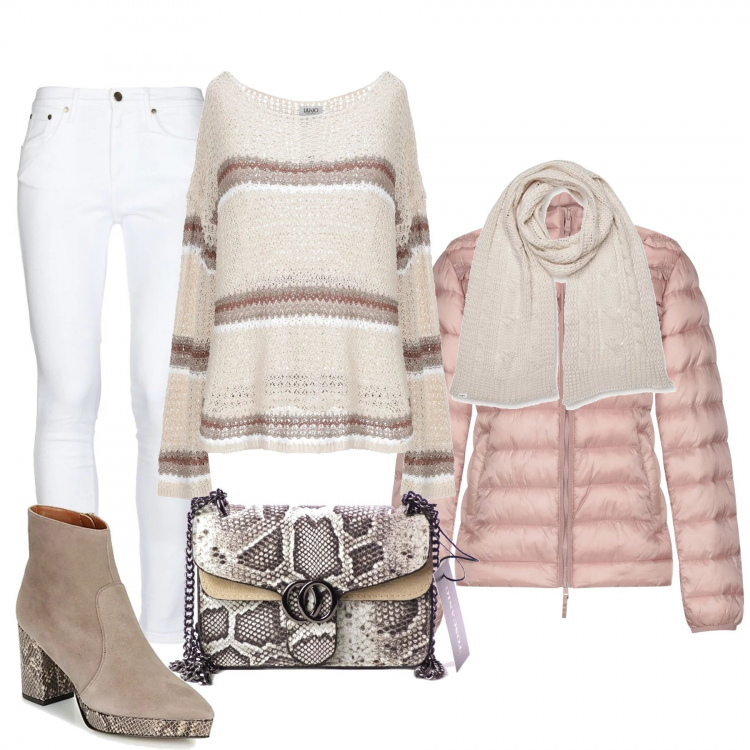 Outfit mujer - Urban #4071. Estilo Urban para Oficina. Combinación con bufandas, botines, bolso de mano, giubbino, jerséis, pantalone in denim.