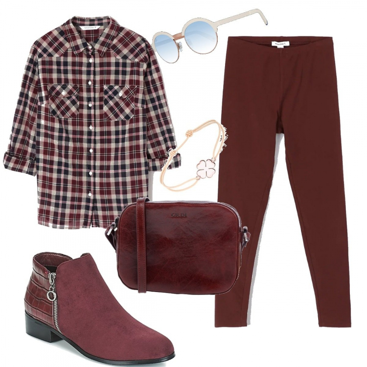 Outfit donna - Un leggings basico. Stile Basic per Tutti i giorni. Abbinamento con borsa a tracolla mini con zip interno foderato in pelle tinta unita, leggings tinta unita, camicia a quadri bordeaux, stivaletti, braccialetti, occhiali da sole.