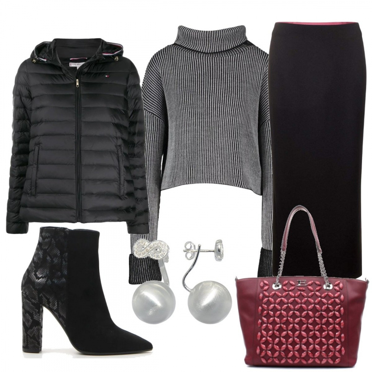 Outfit donna - La settimana comincia così. Stile Urban per Ufficio. Abbinamento con pullover a coste collo a dolcevita nero, shopping bag, giacca imbottita taglio dritto contrasto con cappuccio a maniche lunghe con zip e orlo nero, gonna nero, stivaletti, orecchini.