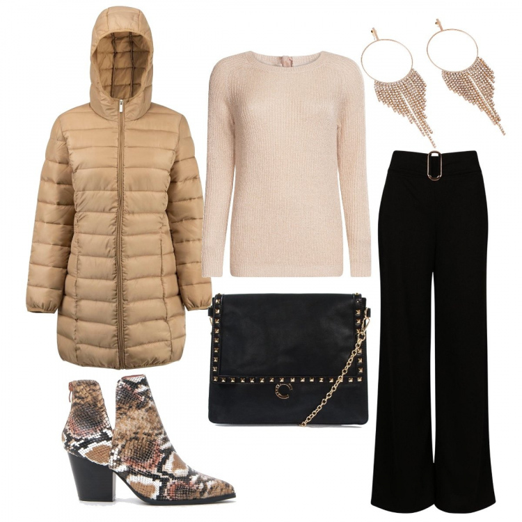 Outfit donna - Piumino & stivaletti in ufficio. Stile Trendy per Ufficio. Abbinamento con orecchini, pantalone a palazzo, piumino, stivaletti, maglioni, borsa.