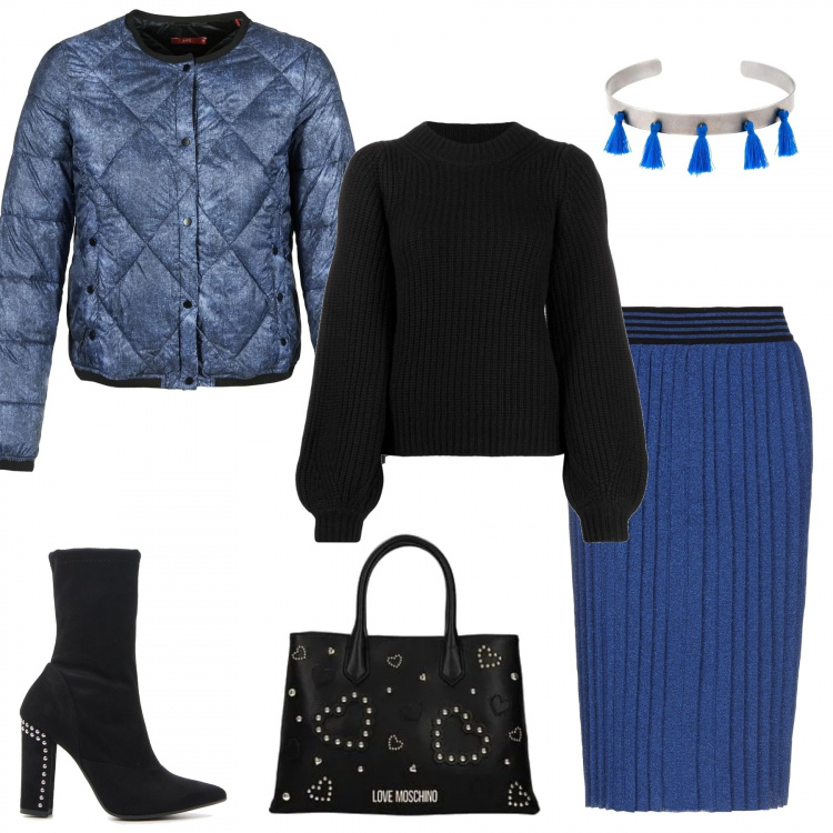 Outfit donna - OceanDeep. Stile Trendy per Ufficio. Abbinamento con gonna longuette senza tasche lavorato a maglia interno sfoderato con pieghe, borse a mano, piumini, maglione, collana girocollo con nappine blu e grigio, stivali.