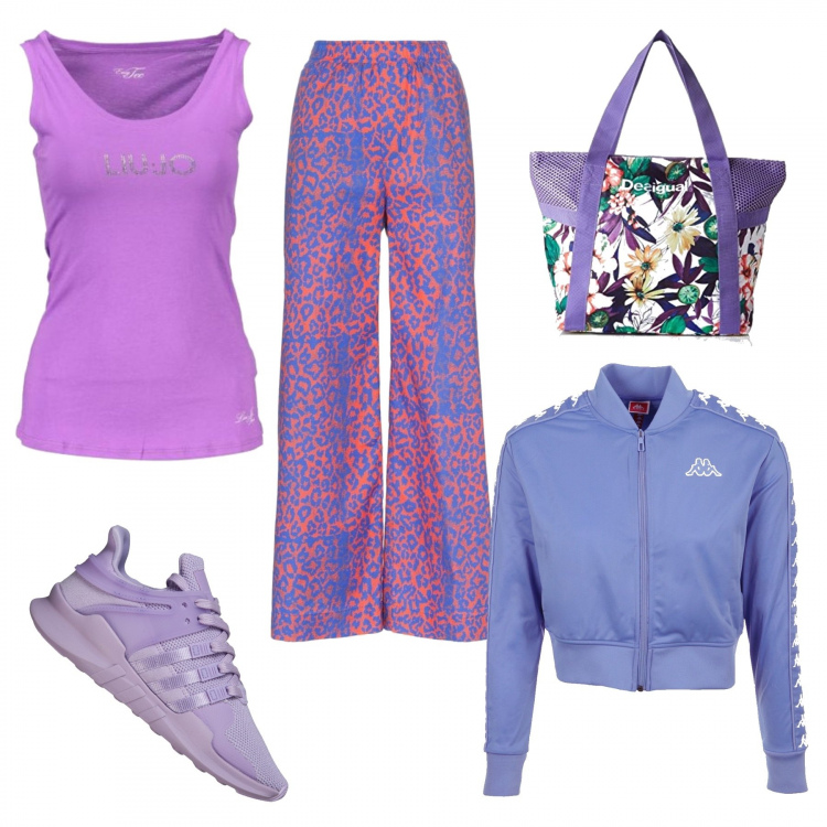 Outfit donna - Brand ispo: iceberg. Stile Basic per Tutti i giorni. Abbinamento con giacca sport viola, pantalone lungo, canottiere, sneakers alte, borsa a tracolla viola.