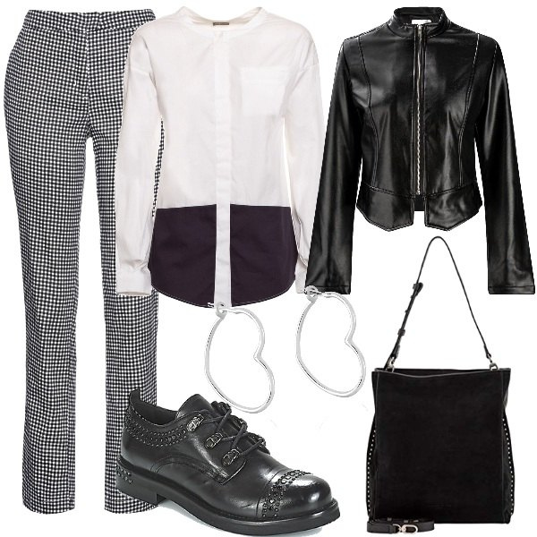 Outfit donna - pantalone basic. Stile Basic per Ufficio. Abbinamento con pantalone lungo, scarpe stringate, camicie, borse a spalla, orecchini argento, blazer.