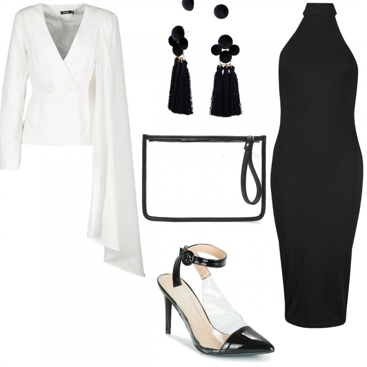 Outfit donna - Brand Ispo#Iceberg. Stile Chic per Serata fuori. Abbinamento con orecchini, vestito longuette/midi, blazer doppiopetto avorio, marsupio, décolleté.