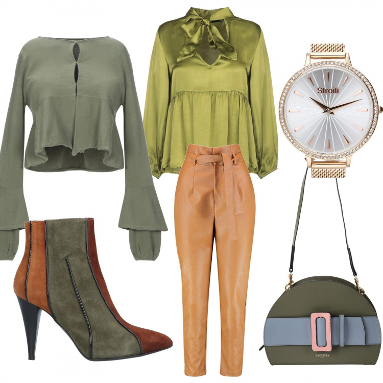 Outfit donna - Il pantalone basic. Stile Trendy per Ufficio. Abbinamento con camicia, stivaletti, cardigans, borse a spalla, pantaloni, orologio con cinturino.