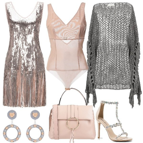 Outfit donna - Eccentrica di sera. Stile Sexy per Serata fuori. Abbinamento con top, pullover, top scollatura profonda senza maniche interno semi-foderato in tulle tinta unita, borsa a mano, sandali con tacco, orecchini pendenti con strass in oro rosa.