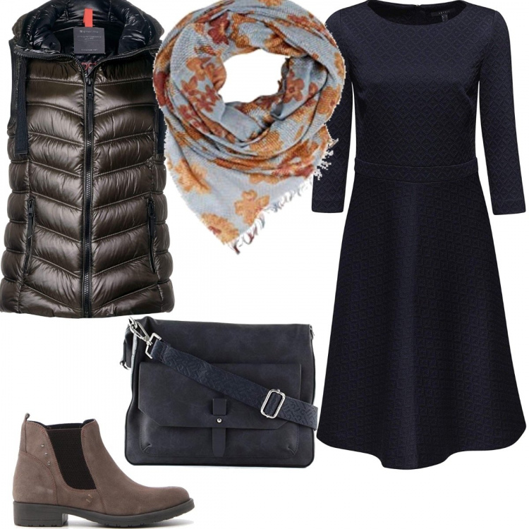Outfit donna - Piumino+Stivaletti. Stile Urban per Ufficio. Abbinamento con vestito, gilet, stivaletti, sciarpe, borse a spalla.