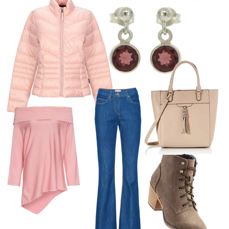 Outfit femme - Basique #4819. Style Basique pour Ecole/Université. Assortir avec bottes, pulls et cardigans, jean bootcut, doudounes, boucles d'oreilles, sac cabas.