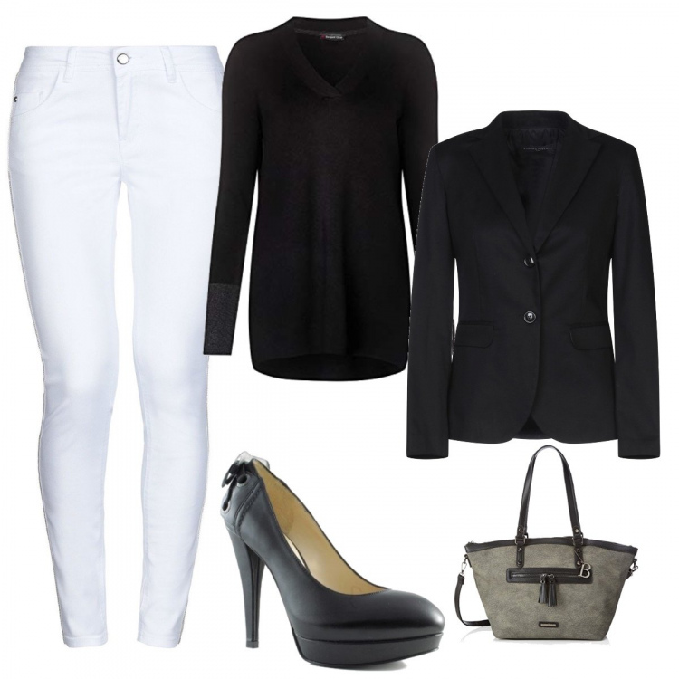 Outfit mujer - Basic #4829. Estilo Basic para Oficina. Combinación con maglioncino jersey nero, shopping bag grigio, zapatos de tacón, giacca, vaqueros.