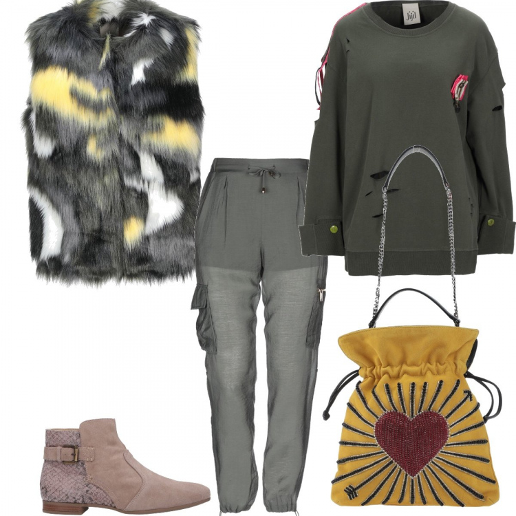 Outfit donna - Stile Camp eccentrico. Stile Trendy per Tutti i giorni. Abbinamento con pantalone cargo, felpe, borse a mano, stivaletti, ecopellicce.