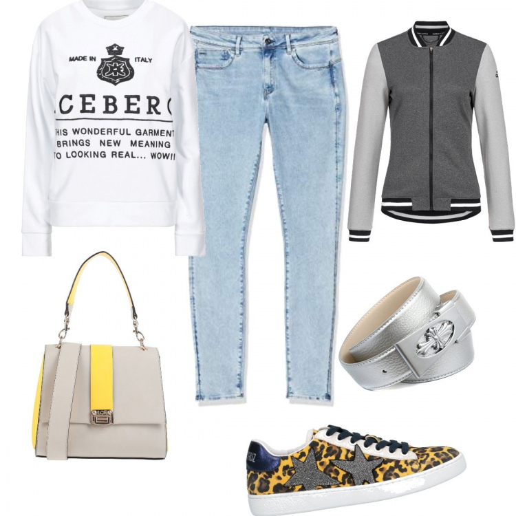 Outfit donna - Iceberg. Stile Basic per Scuola/Università. Abbinamento con sneakers, felpa, borsa a spalla, giacche sportive, cinture, jeans skinny.