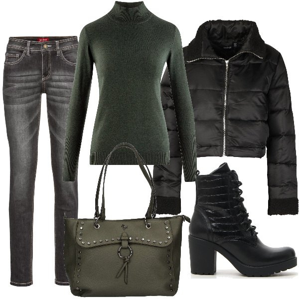 Outfit donna - Anfibi e piumino green & black. Stile Rock per Tutti i giorni. Abbinamento con jeans skinny elasticizzato grigio, giacca, shopping bag, anfibi, maglioni.