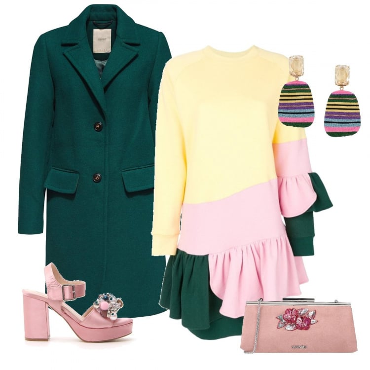 Outfit donna - Look eccentrico. Stile Trendy per Serata fuori. Abbinamento con borsa a mano, vestiti, orecchini, cappotti, sandali.