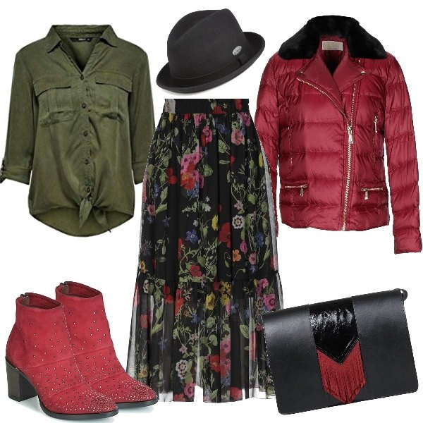 Outfit mujer - In the City. Estilo Trendy para Todos los días. Combinación con camisas, cappello, botines, borsa a tracolla, cintura fantasia floreale, giubbino.