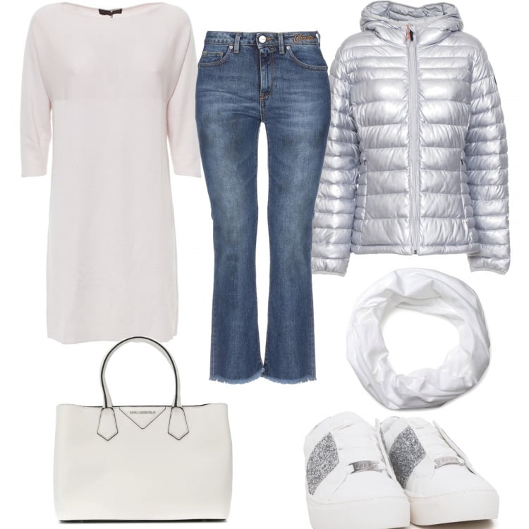 Outfit donna - Iceberg. Stile Basic per Tutti i giorni. Abbinamento con jeans, shopping bag con manico e zip, scarpa sportiva, foulard, vestiti, giubbotto argento.