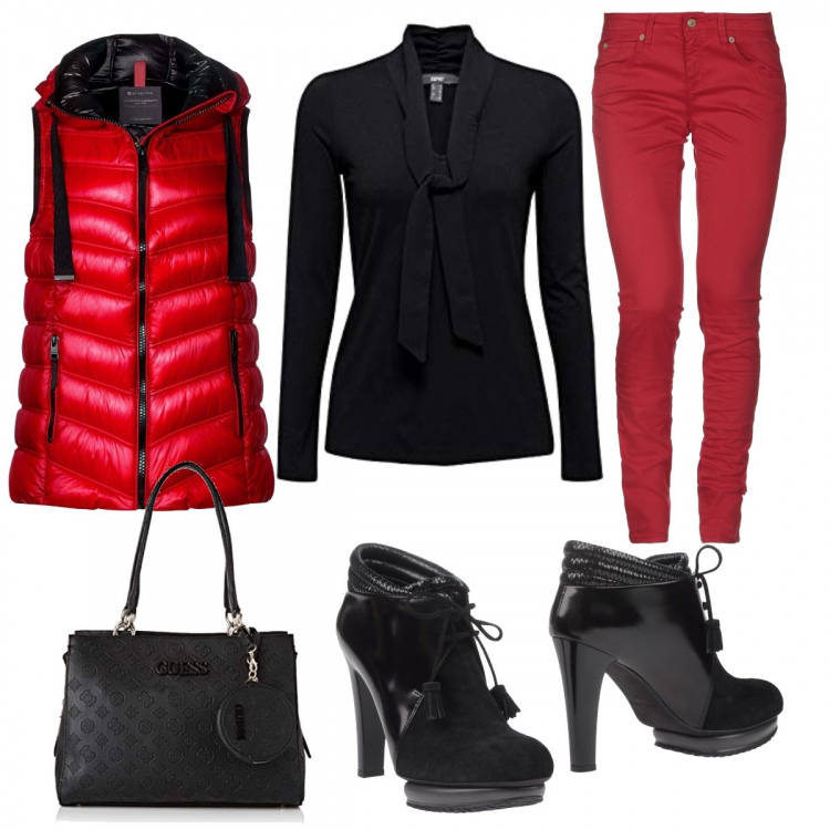 Outfit mujer - Chic #4739. Estilo Chic para Oficina. Combinación con plumíferos, camisas, borsa a mano nero, pantalones, stiletti.