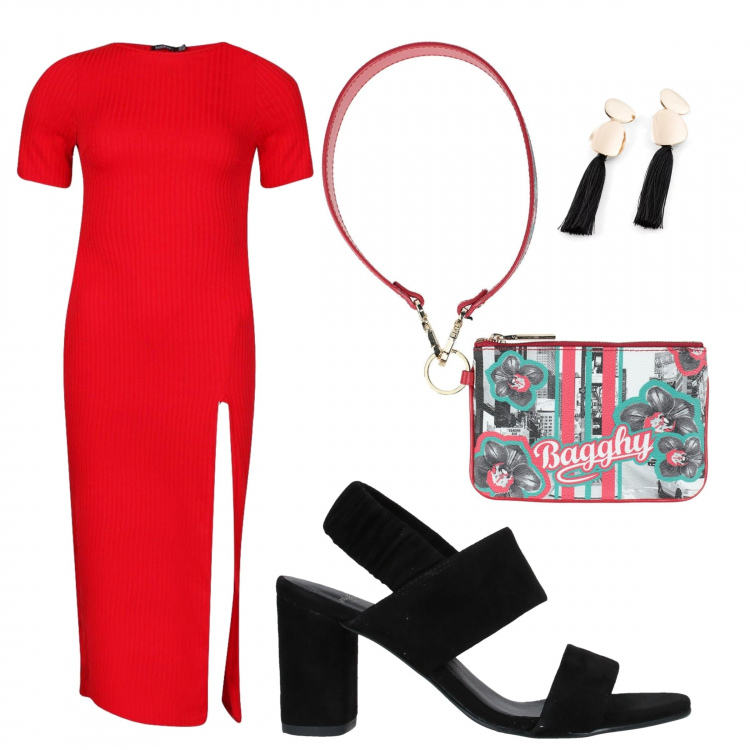 Outfit donna - Inspo Iceberg. Stile Trendy per Serata fuori. Abbinamento con costumi interi, sandali pelle effetto scamosciato con tacco geometrico e punta tonda tinta unita, pochette, vestito longuette/midi.