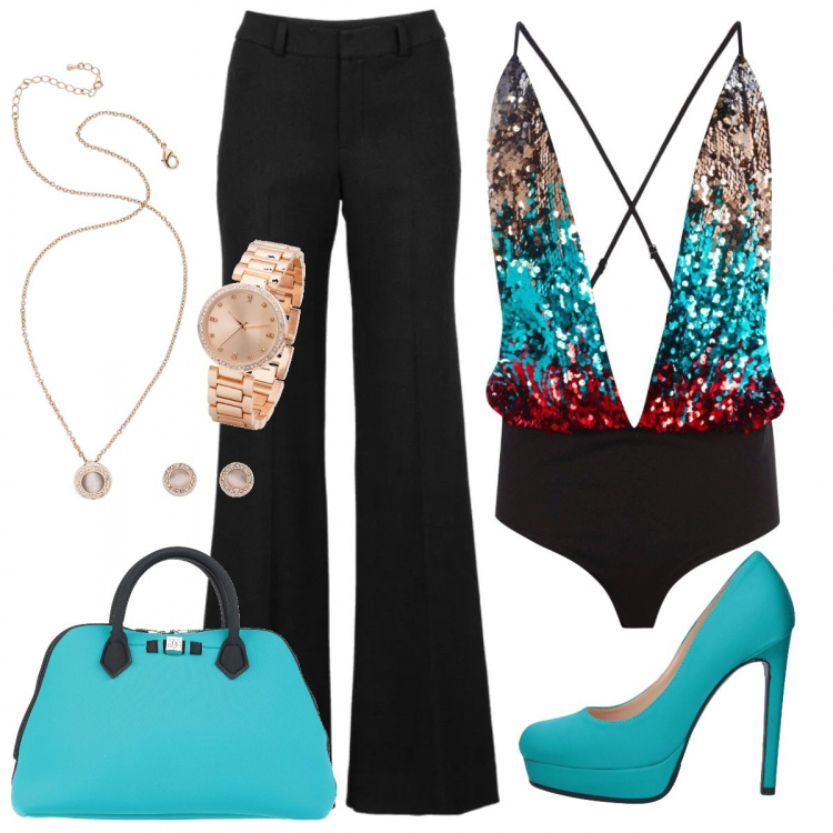 Outfit donna - Eccentric style. Stile Sexy per Serata fuori. Abbinamento con pantaloni, orecchini, décolleté, borse a mano, top.