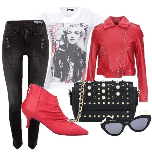 Outfit mujer - Día internacional de la mujer. Estilo Rock para Todos los días. Combinación con vaqueros nero, gafas de sol y monturas para gafas graduadas multicolore, botines, top jersey, borsa a tracolla, abrigos.