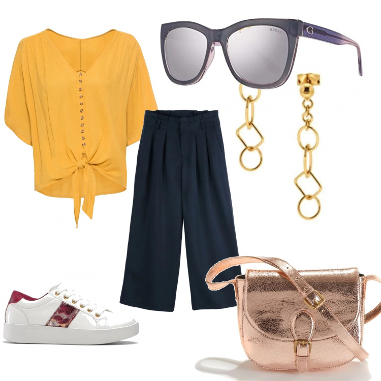 Outfit femme - Urban #4083. Style Urban pour Tous les jours. Assortir avec chemises à manches courtes, sneakers, pantalons longs, sacs à bandoulière et portés à l'épaule, boucles d'oreilles, lunettes de soleil et montures pour lunettes de vue.