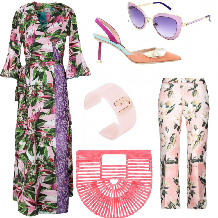 Outfit femme - Excentrique. Style Tendance pour Soirée dehors. Assortir avec robes, escarpins, sacs à main, lunettes, pantalons longs, bracelets.