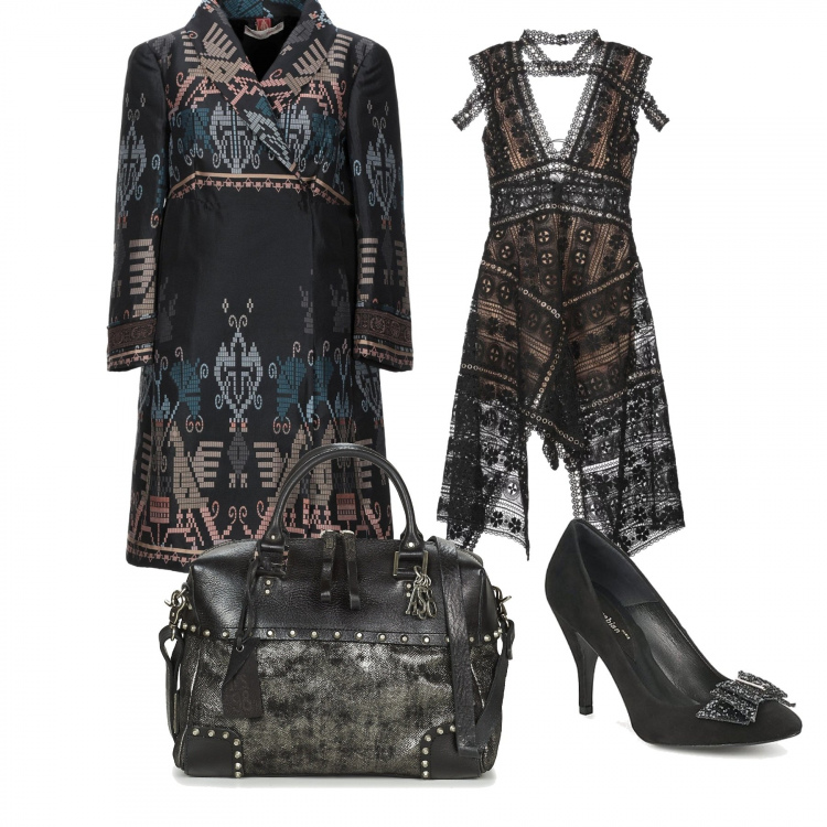 Outfit mujer - Étnico #402. Estilo Étnico para Noche/Fiesta elegante. Combinación con zapatos de tacón, borsa a mano, vestidos midi/longuettes, cappotto multicolore.