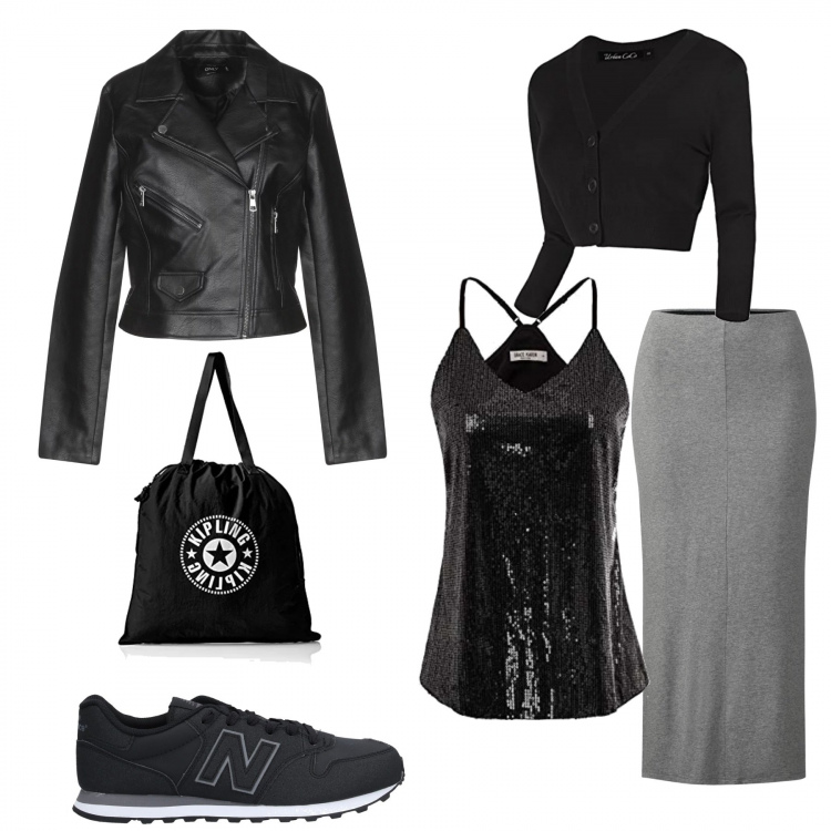 Outfit mujer - Urban #4097. Estilo Urban para Todos los días. Combinación con gonna melange grigio, top, bolero, borsa a mano nero, sneakers, abrigos.