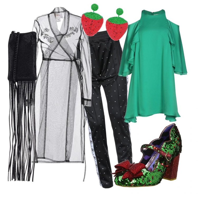 Outfit femme - Excentrique fraise. Style Rock pour Soirée dehors. Assortir avec ballerines et chaussures plates, robes, manteaux, trenchs et éco-fourrures, pantalons longs, sacs à bandoulière et portés à l'épaule, boucles d'oreilles.