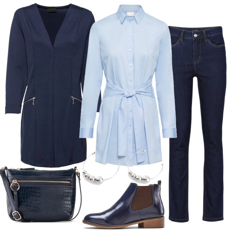 Outfit donna - Nel blu dipinto di blu. Stile Basic per Tutti i giorni. Abbinamento con jeans, vestiti, blazer, stivaletti chelsea, orecchini, maglieria.