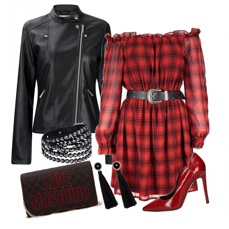 Outfit donna - Rock #1276. Stile Rock per Serata fuori. Abbinamento con pochette, scarpe rosso, orecchini, vestito corto, giacca sportiva, bracciale.