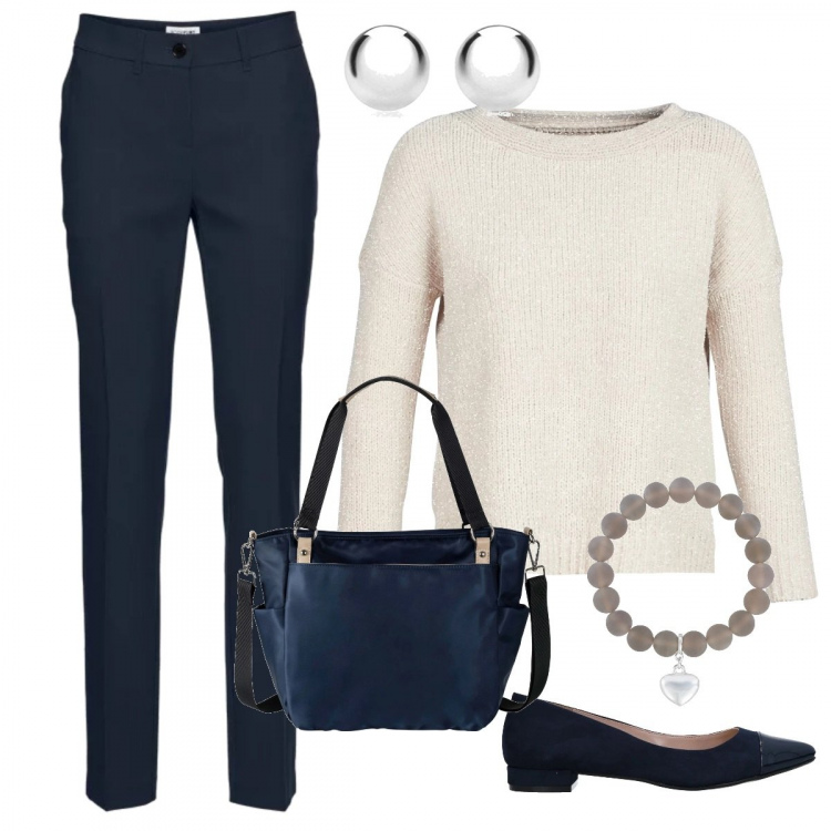 Outfit donna - Il pantalone basic. Stile Bon Ton per Tutti i giorni. Abbinamento con pantaloni, borsa a mano, ballerine, maglione, bracciale, orecchini.