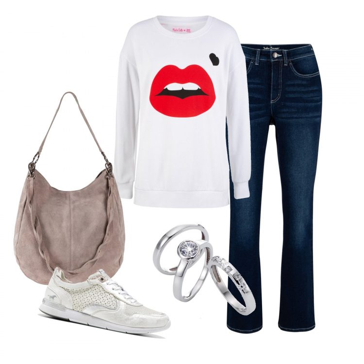 Outfit donna - Basic #4896. Stile Basic per Scuola/Università. Abbinamento con pantaloni a palazzo, borse a mano, jeans bootcut, sneakers, anelli.