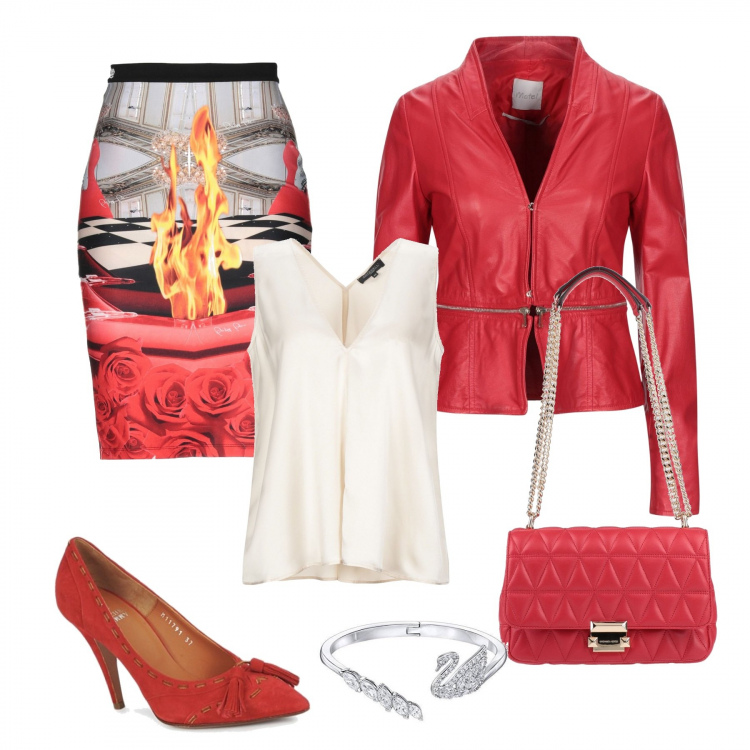Outfit mujer - Bon Ton #3600. Estilo Bon Ton para Ceremonia. Combinación con pulseras, zapatos de tacón, minifaldas, top in raso, giacca, bolsos de hombro.
