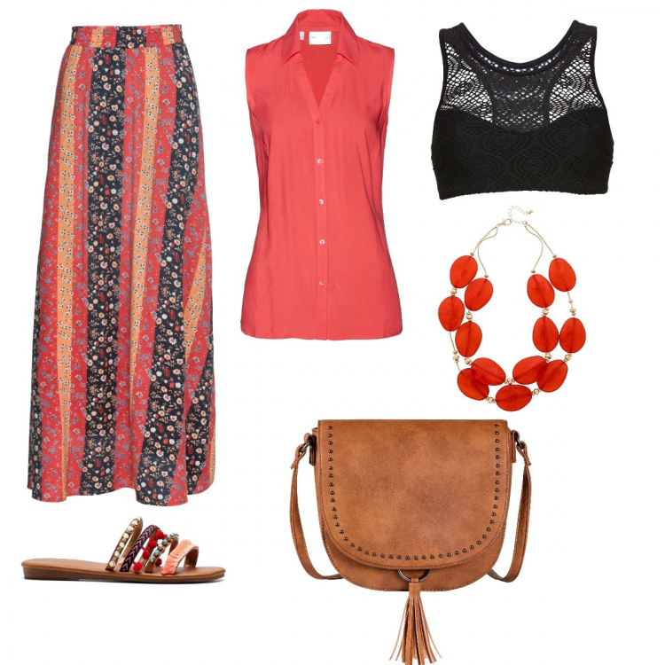 Outfit donna - Aperitivo in spiaggia. Stile Etnico per Mare. Abbinamento con top, gonna longuette, camicie, ciabatte, collane, borse a tracolla.