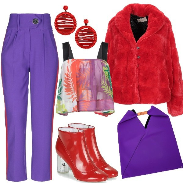 Outfit mujer - Tokio. Estilo Urban para Todos los días. Combinación con botines, shopping bag, cappotto, pantalone, top fantasia floreale, pendientes.