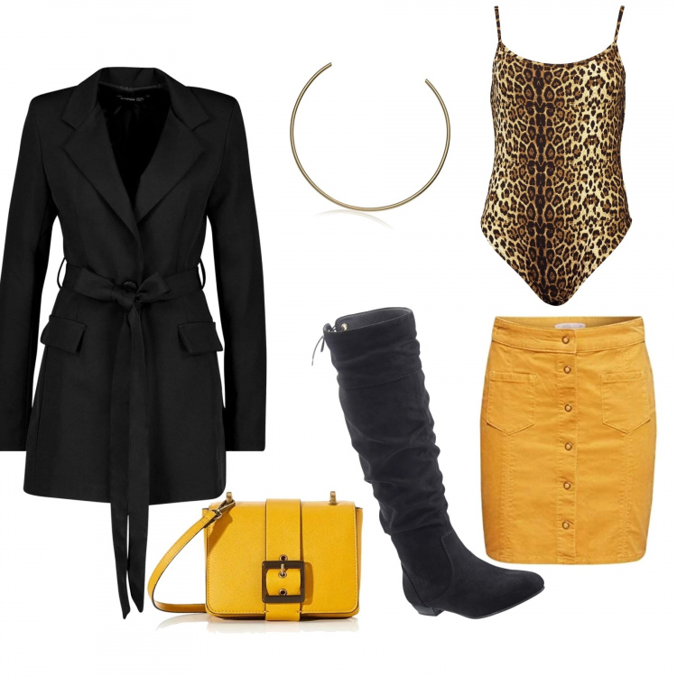 Outfit donna - Donna in discoteca. Stile Trendy per Serata fuori. Abbinamento con stivali, blazer con cintura nero, corpo, gonna lunga taglia unica giallo, borse a tracolla, collana oro.