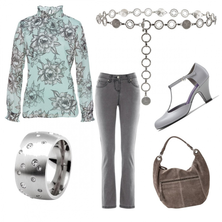 Outfit donna - La classe non è acqua. Stile Bon Ton per Ufficio. Abbinamento con jeans slim fit, blusa, décolleté, cinture, anelli, shopping bag.