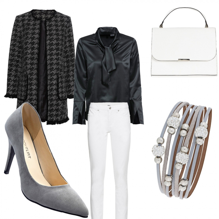Outfit donna - Look da ufficio spendendo poco poco. Stile Basic per Ufficio. Abbinamento con jeans skinny, blusa, blazer, maglieria, décolleté, borsa.