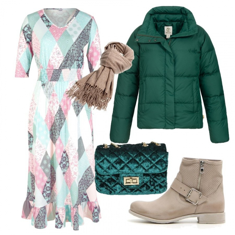 Outfit donna - Basic #4942. Stile Basic per Tutti i giorni. Abbinamento con shopping bag, shopping bag, sciarpe, stivaletti, piumino.