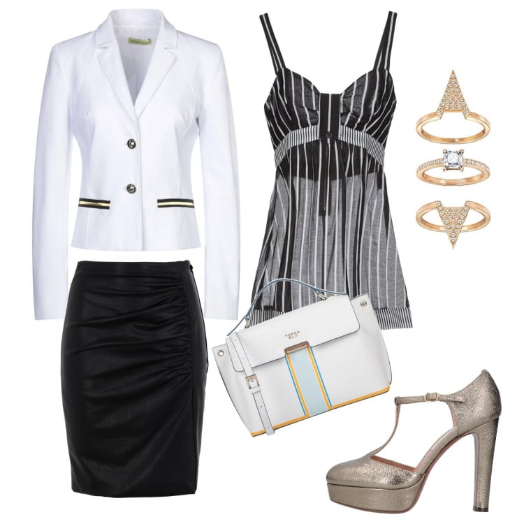 Outfit donna - In ufficio prima, a pranzo fuori dopo. Stile Chic per Ufficio. Abbinamento con top, giacca, borse a mano, décolleté, gonne longuette, anelli.