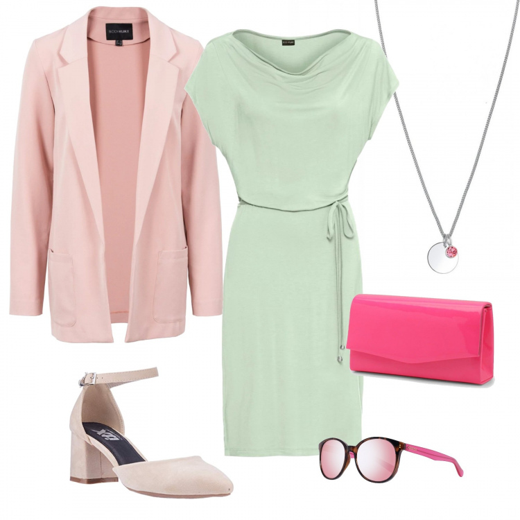 Outfit donna - Quel tocco di colore in più. Stile Bon Ton per Tutti i giorni. Abbinamento con vestiti corti, vestito corto, pochette, occhiali da sole marrone, scarpe col tacco, collane.