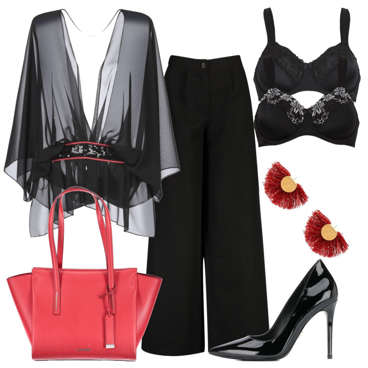 Outfit donna - Sexy e formale.. Si può!. Stile Sexy per Tutti i giorni. Abbinamento con reggiseni, top, pantaloni a palazzo, décolleté, orecchini, borse.