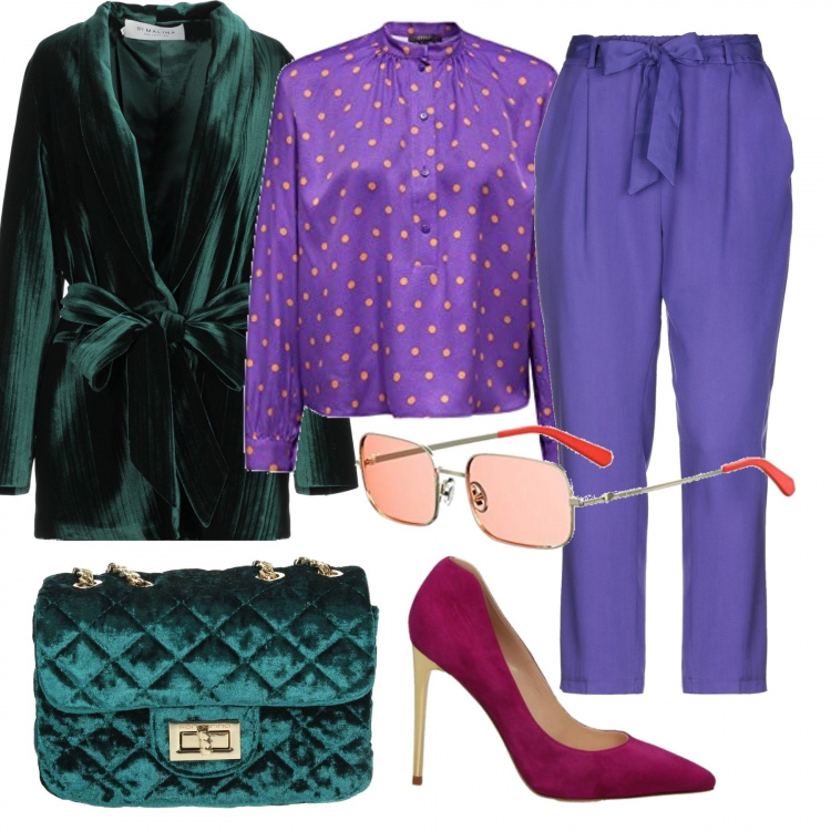 Outfit mujer - Feeling artistic?. Estilo Trendy para Noche/Fiesta elegante. Combinación con blusas, gafas de sol y monturas para gafas graduadas, clutch verde, zapatos de tacón, giacca, pantalone.