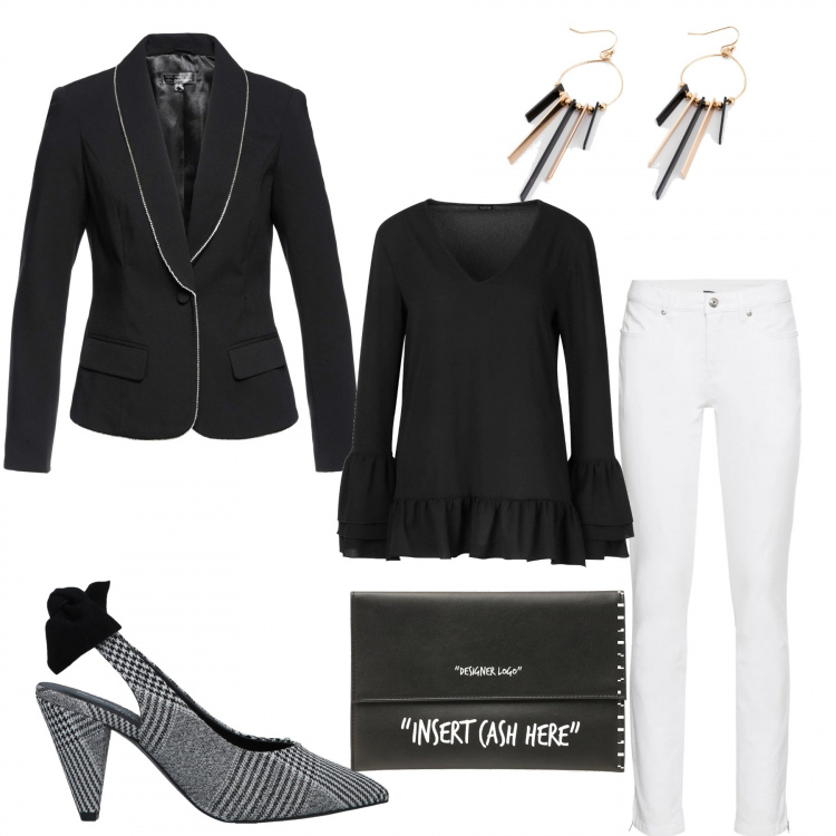 Outfit donna - Il mio primo colloquio di lavoro. Stile Trendy per Ufficio. Abbinamento con jeans skinny, blazer, orecchini, décolleté, top, pochette nero.