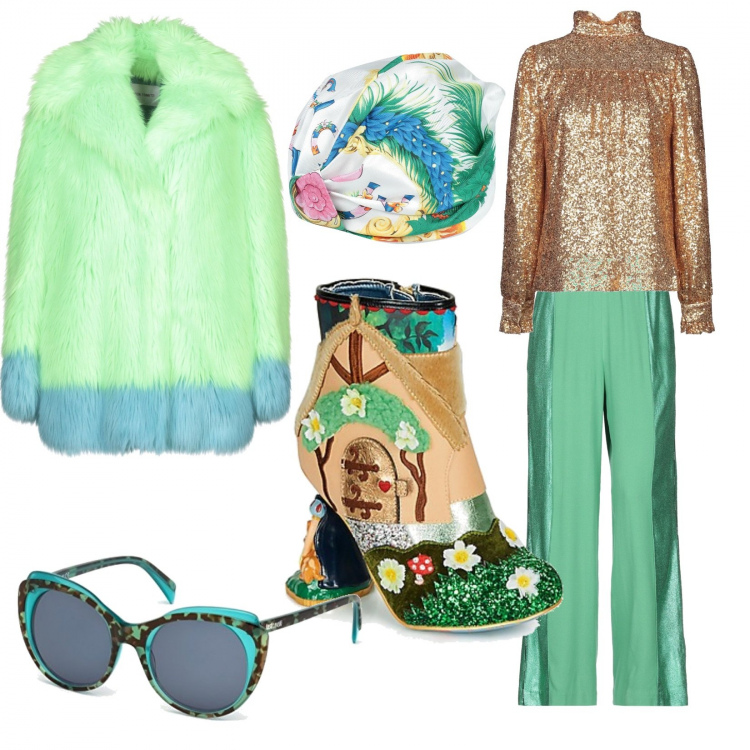 Outfit mujer - Acid camp. Estilo Trendy para Noche/Fiesta elegante. Combinación con gafas de sol y monturas para gafas graduadas verde, botines verde, pantalones, ecopieles, blusa, cappello fantasia floreale.