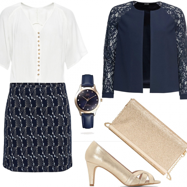 Outfit femme - Sortie en or. Style Chic pour Soirée dehors. Assortir avec robes, pochette, blazers, jupes, chaussures à talons, montres.