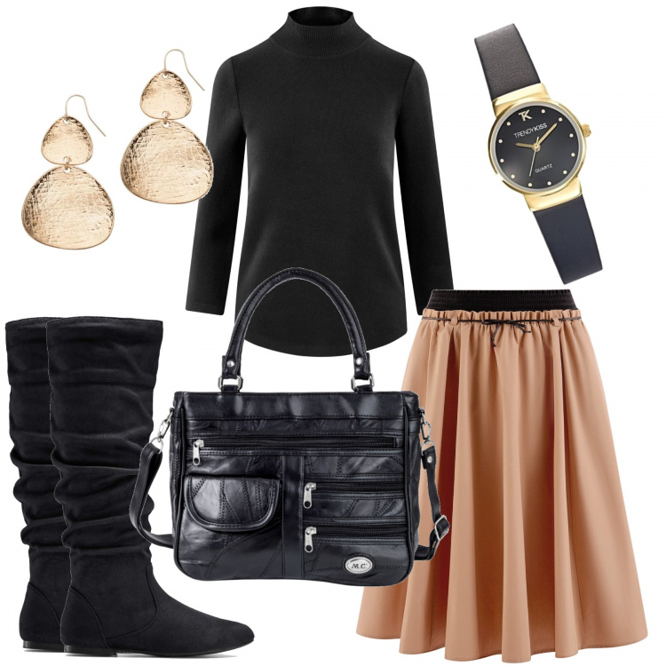 Outfit donna - Mercoledì in ufficio. Stile Urban per Ufficio. Abbinamento con stivali, borse a mano, orecchini, gonna a ruota con pieghe beige, maglioni, orologio con cinturino nero.